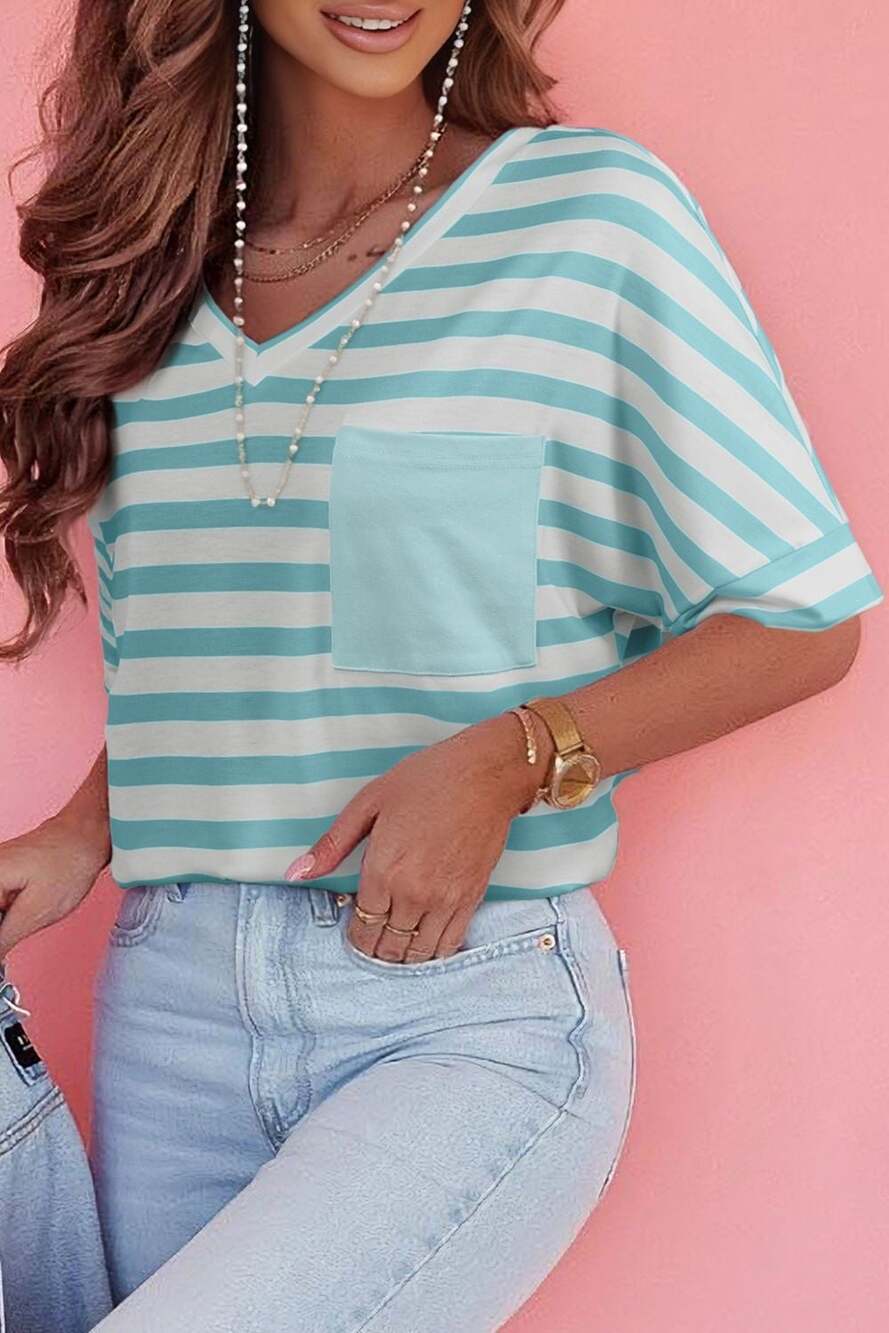 Striped V-Neck Short Sleeve Pocket Tee Shirt